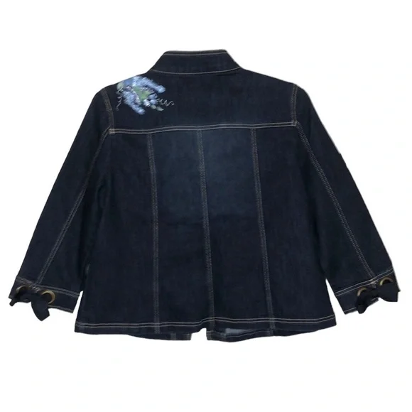 Hand-painted Blue & White Floral Dark Denim Jean Jacket Rivets & Bows - Size L - Picture 2 of 5